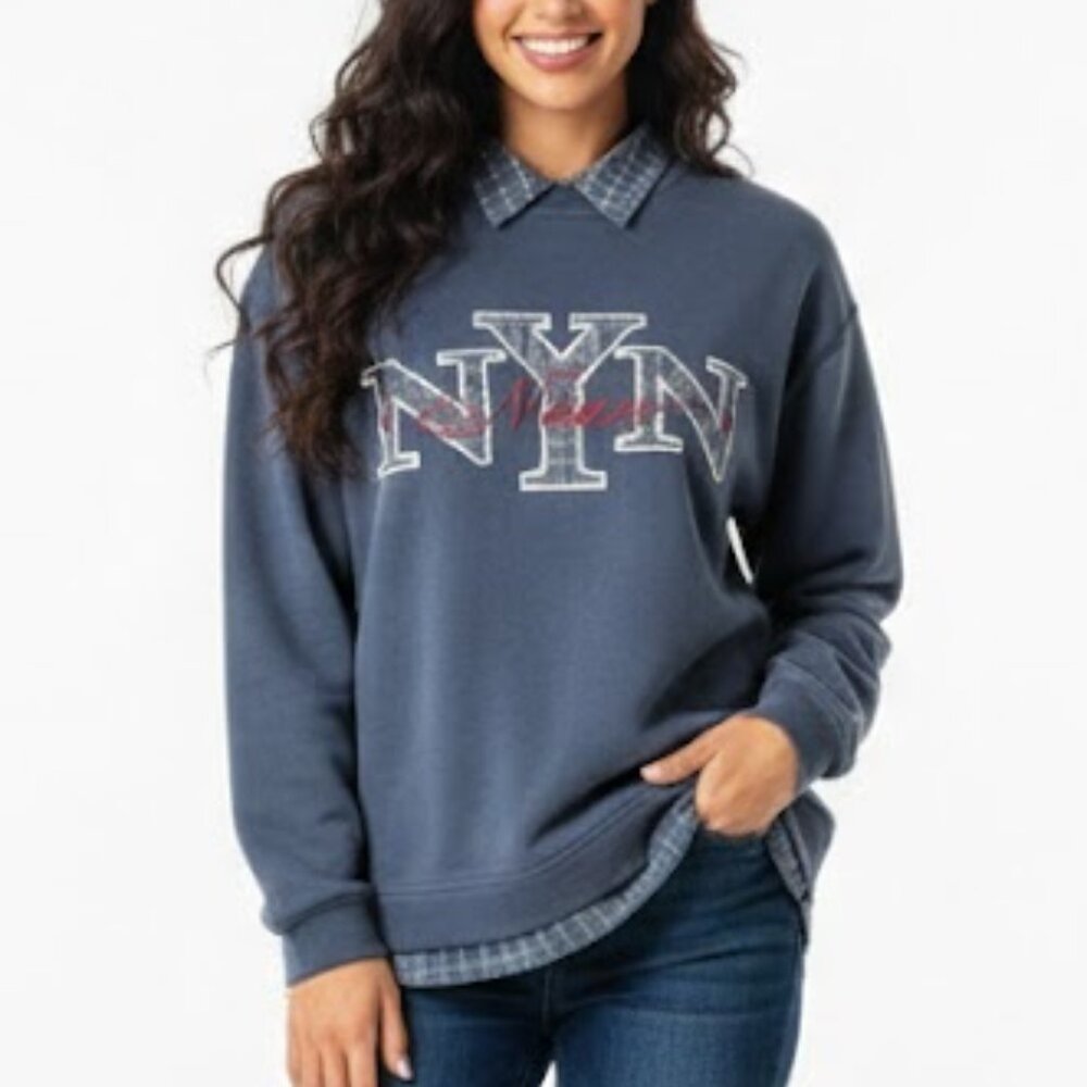 Vintage 90s New York News Fleece Crewneck Plaid Embroidered Sweatshirt